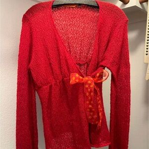 Red V-Neck Lightweight Tie-Front Sweater Wool